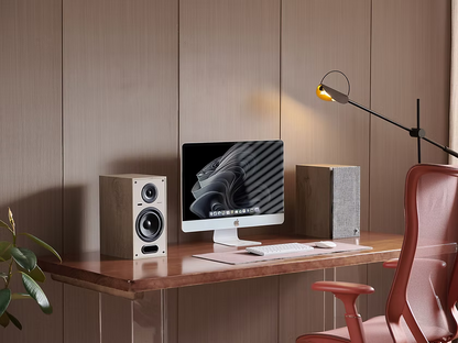 Elipson Horus 6B BT Active Speakers in Light Wood, in room set up