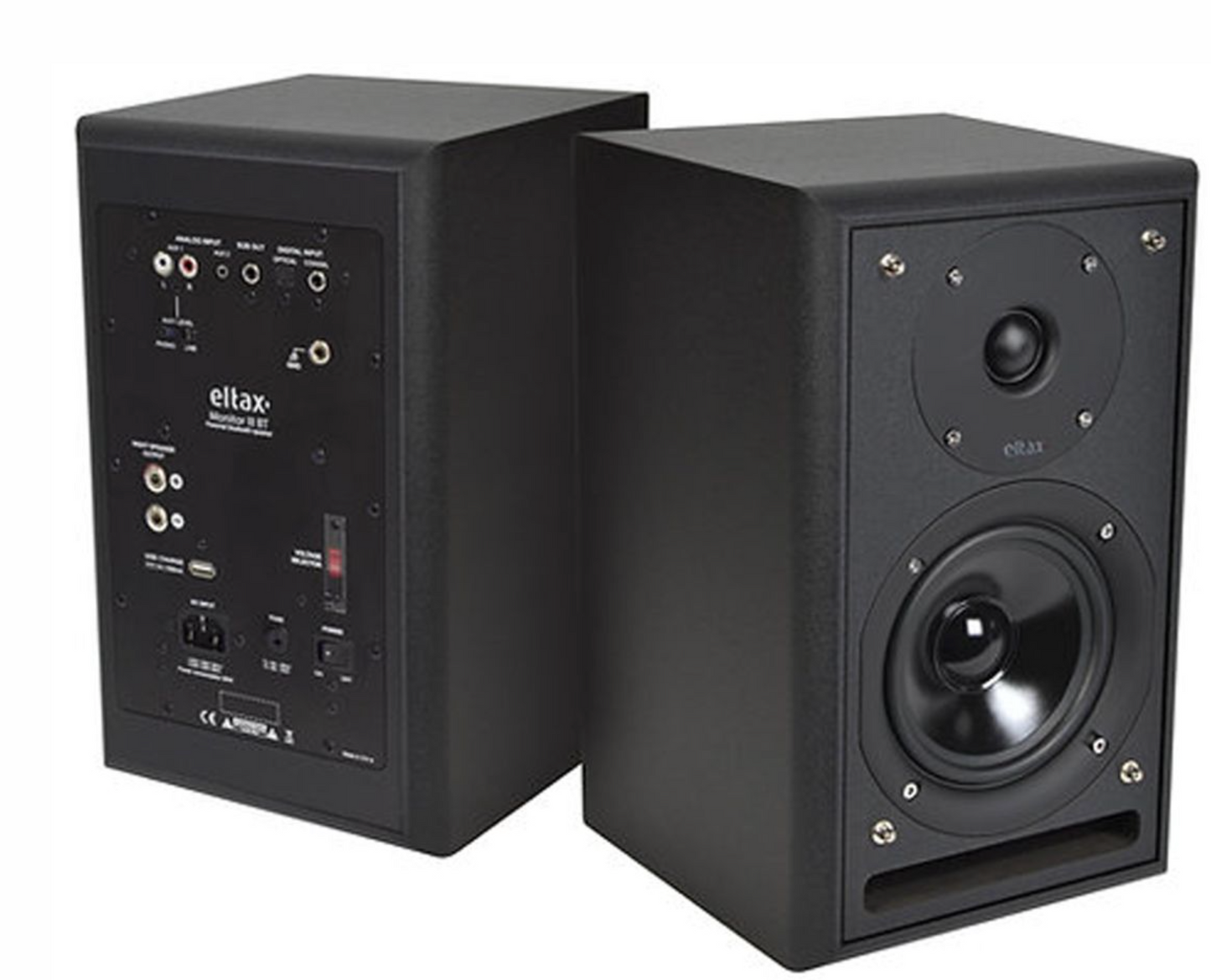 Eltax Monitor III BT Bluetooth HiFi Speaker System in black. Image of pair showing front and back without grille
