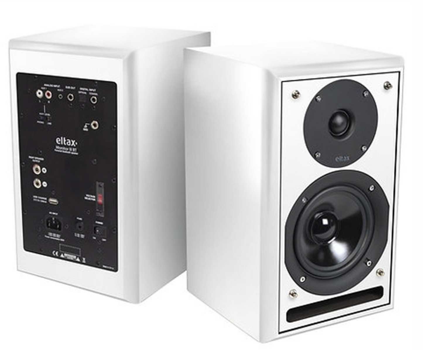 Eltax Monitor III BT Bluetooth HiFi Speaker System in White. Image of pair showing front and back without grille