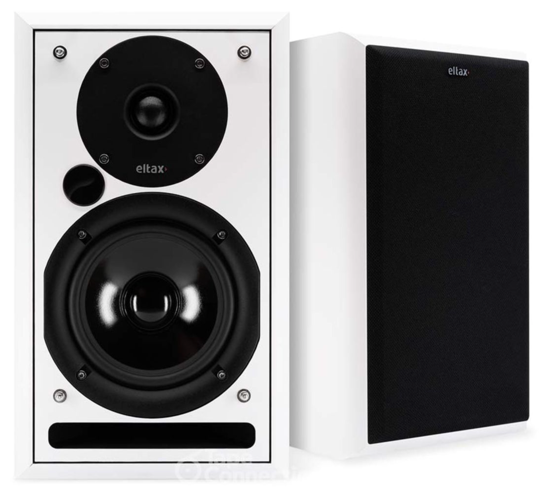 Eltax Monitor III BT Bluetooth HiFi Speaker System in White. Image of pair showing front with and without grille