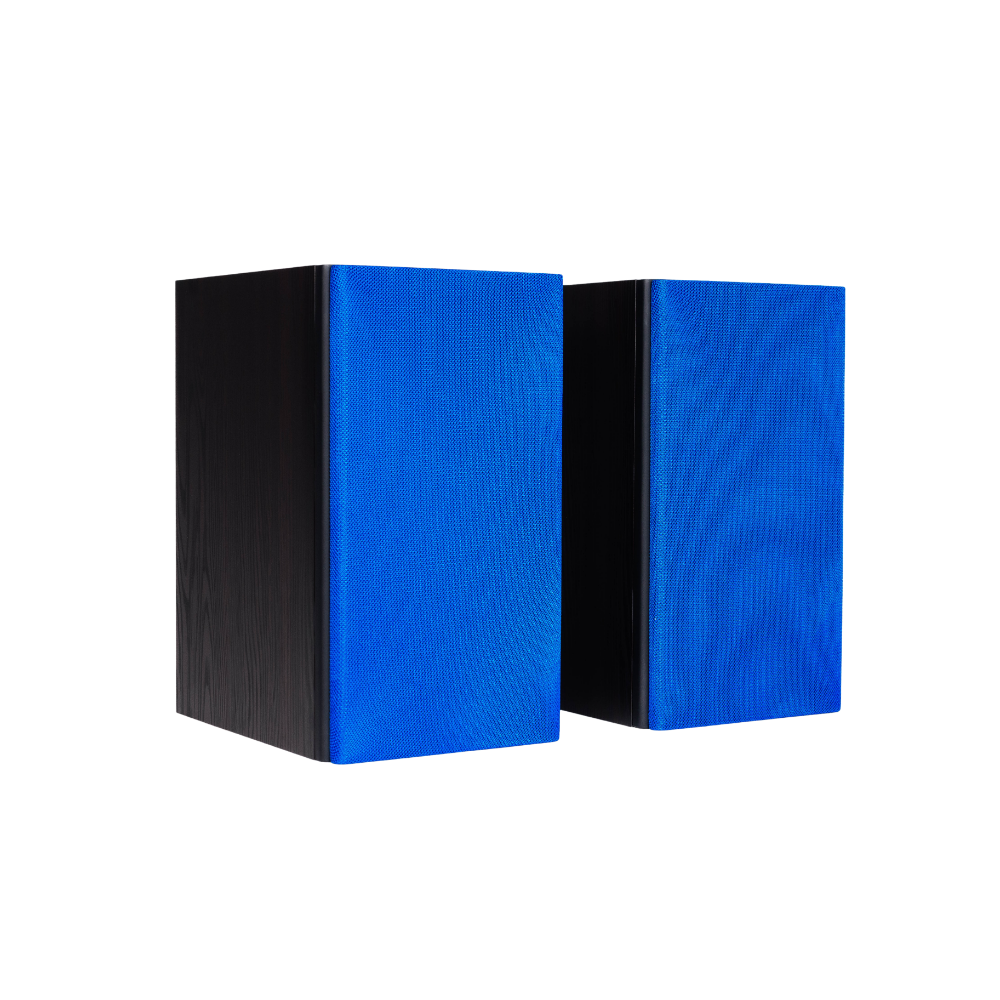 Encel Gelati Bookshelf Speakers in Birch Black with electric blue grilles