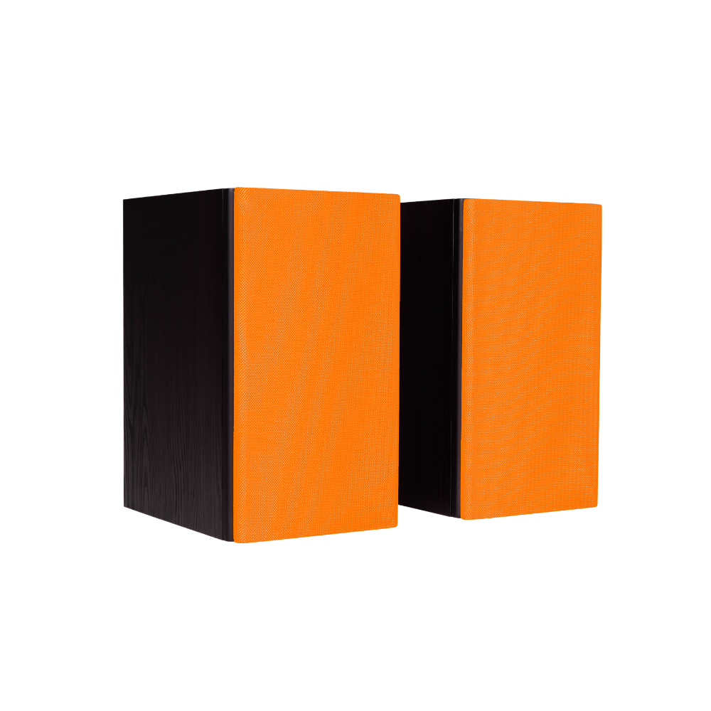 Encel Gelati Bookshelf Speakers in Birch Black with fluro orange grilles