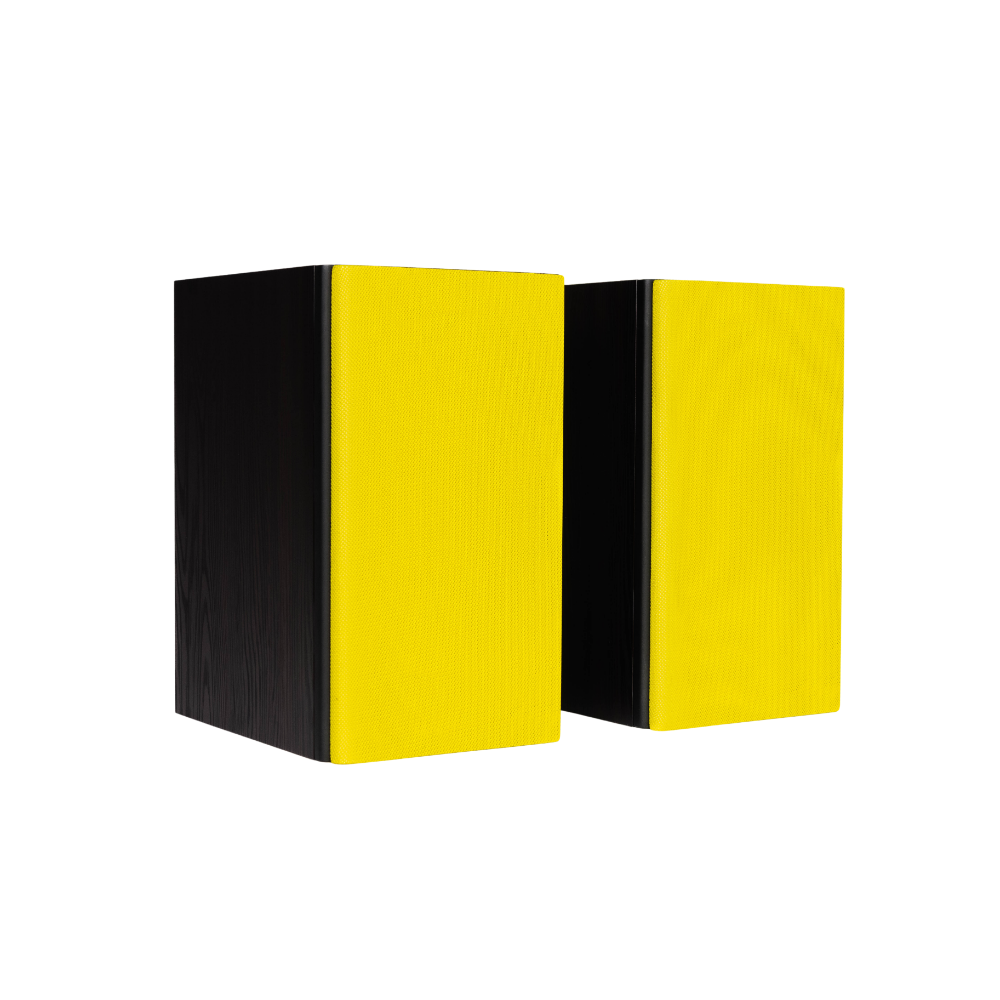 Encel Gelati Bookshelf Speakers in Birch Black with lemon yellow grilles