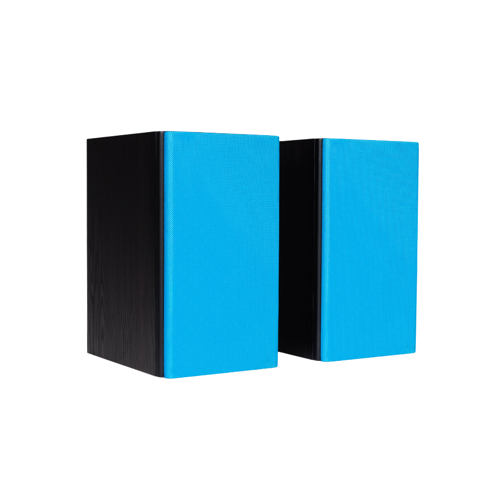 Encel Gelati Bookshelf Speakers in Birch Black with ocean blue grilles