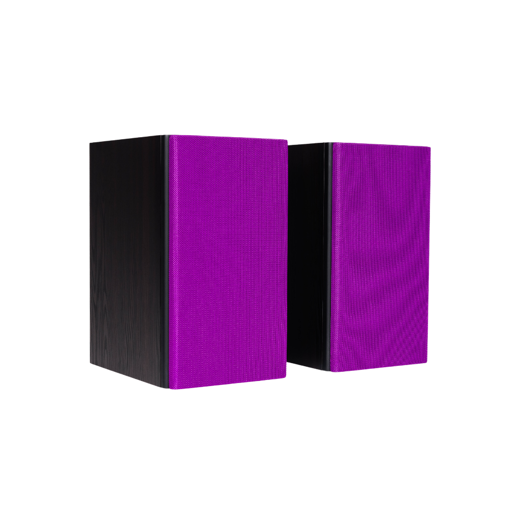 Encel Gelati Bookshelf Speakers in Birch Black with plum purple grilles