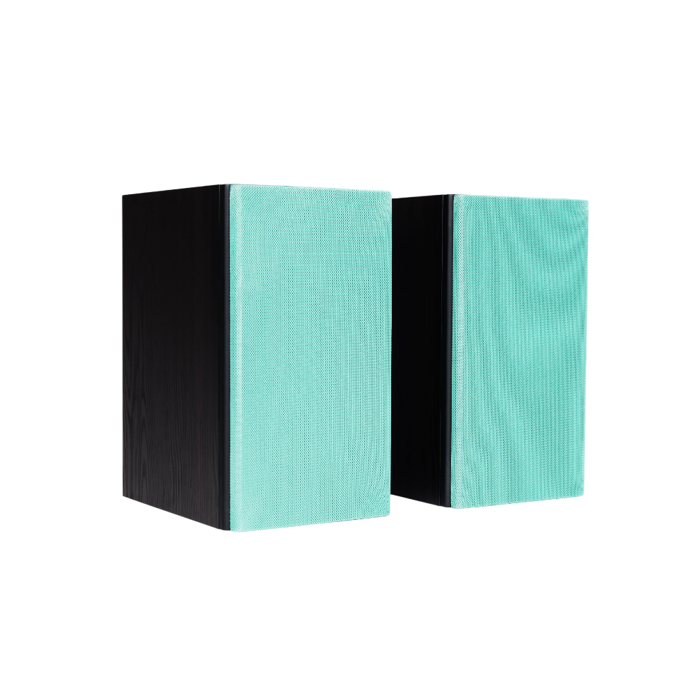 Encel Gelati Bookshelf Speakers in Birch Black with turquoise grilles