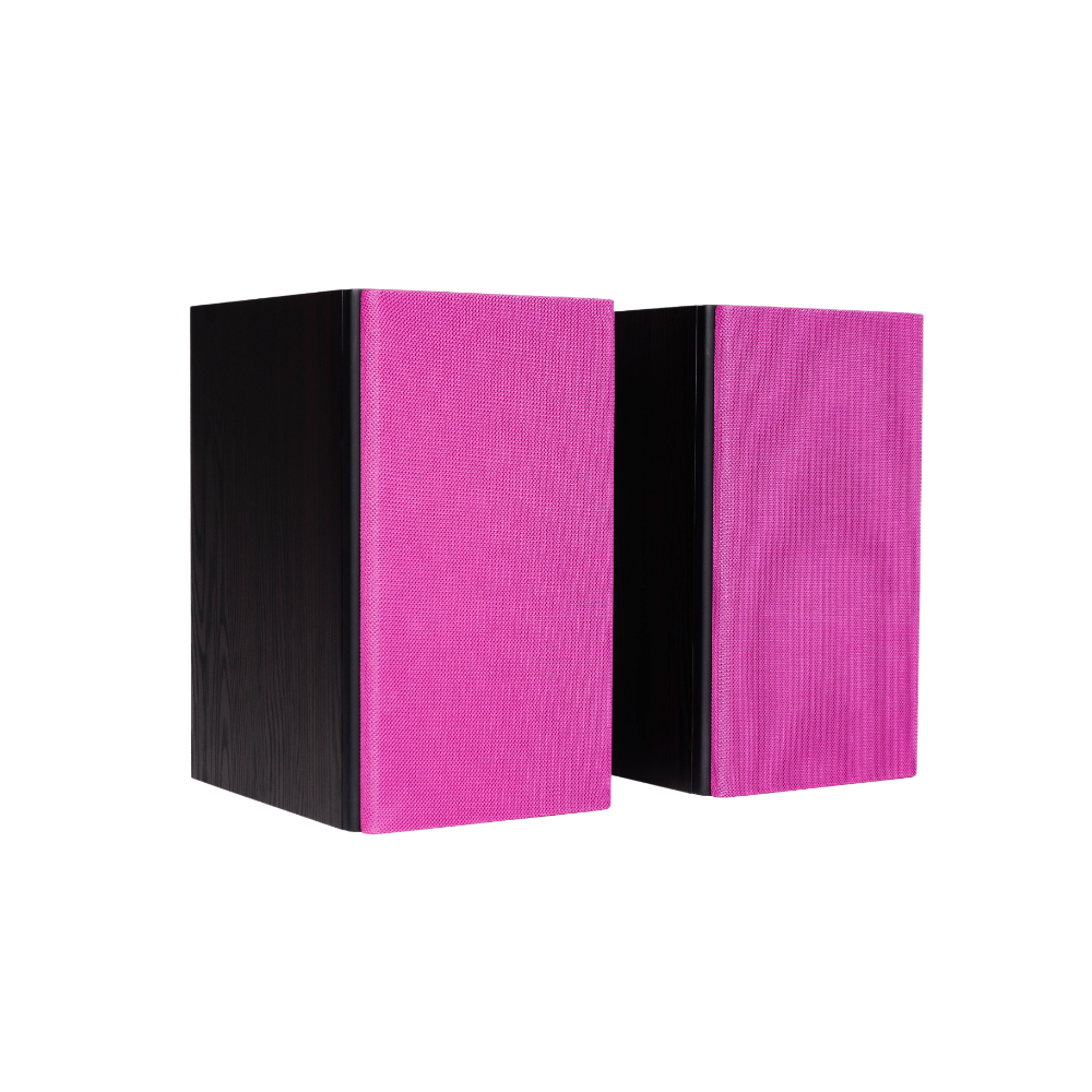 Encel Gelati Bookshelf Speakers in Birch Black with valentine pink grilles