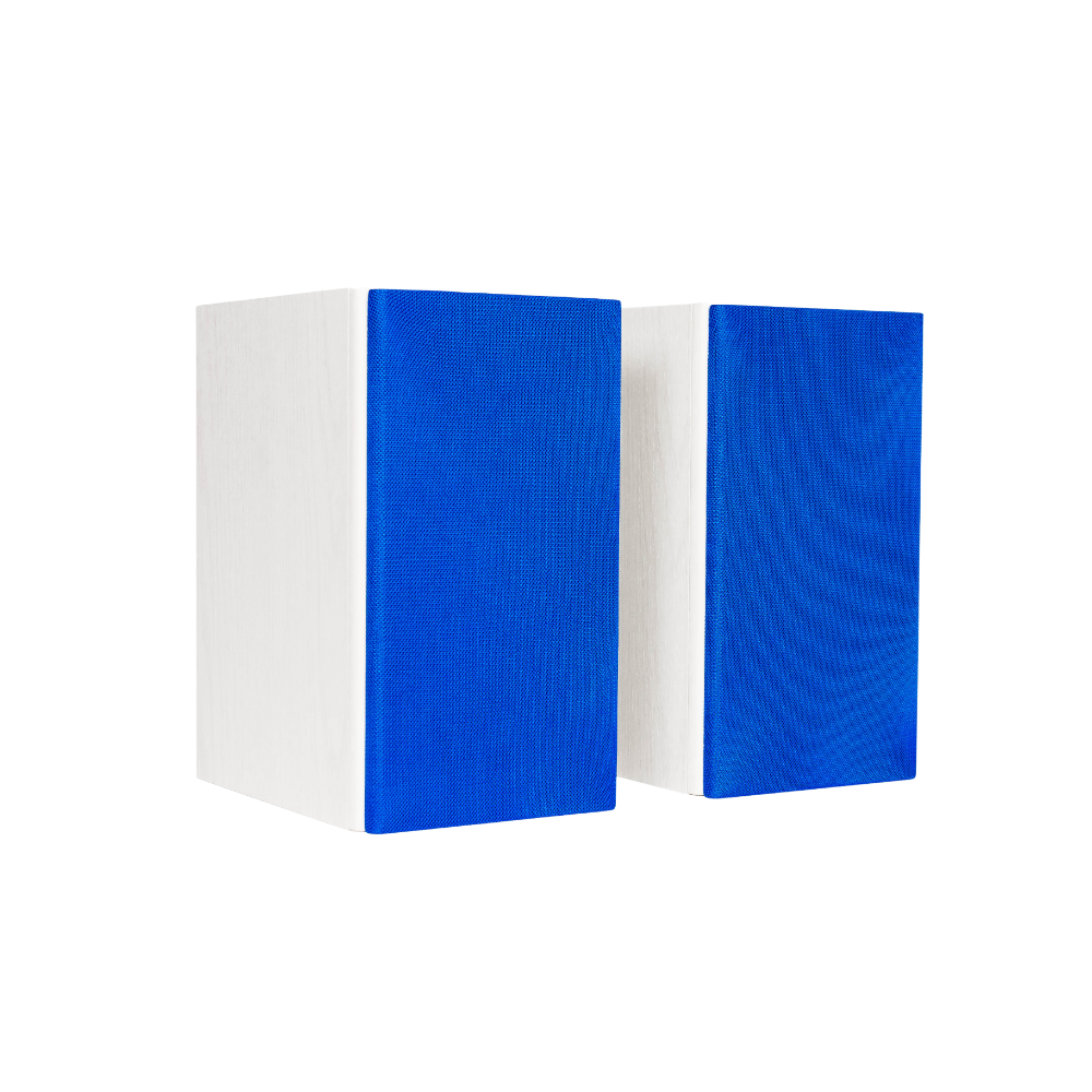 Encel Gelati Bookshelf Speakers in Vanilla White with electric blue Grilles