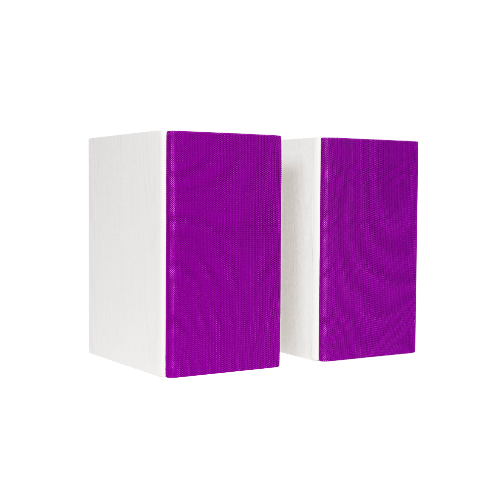 Encel Gelati Bookshelf Speakers in Vanilla White with plum purple Grilles