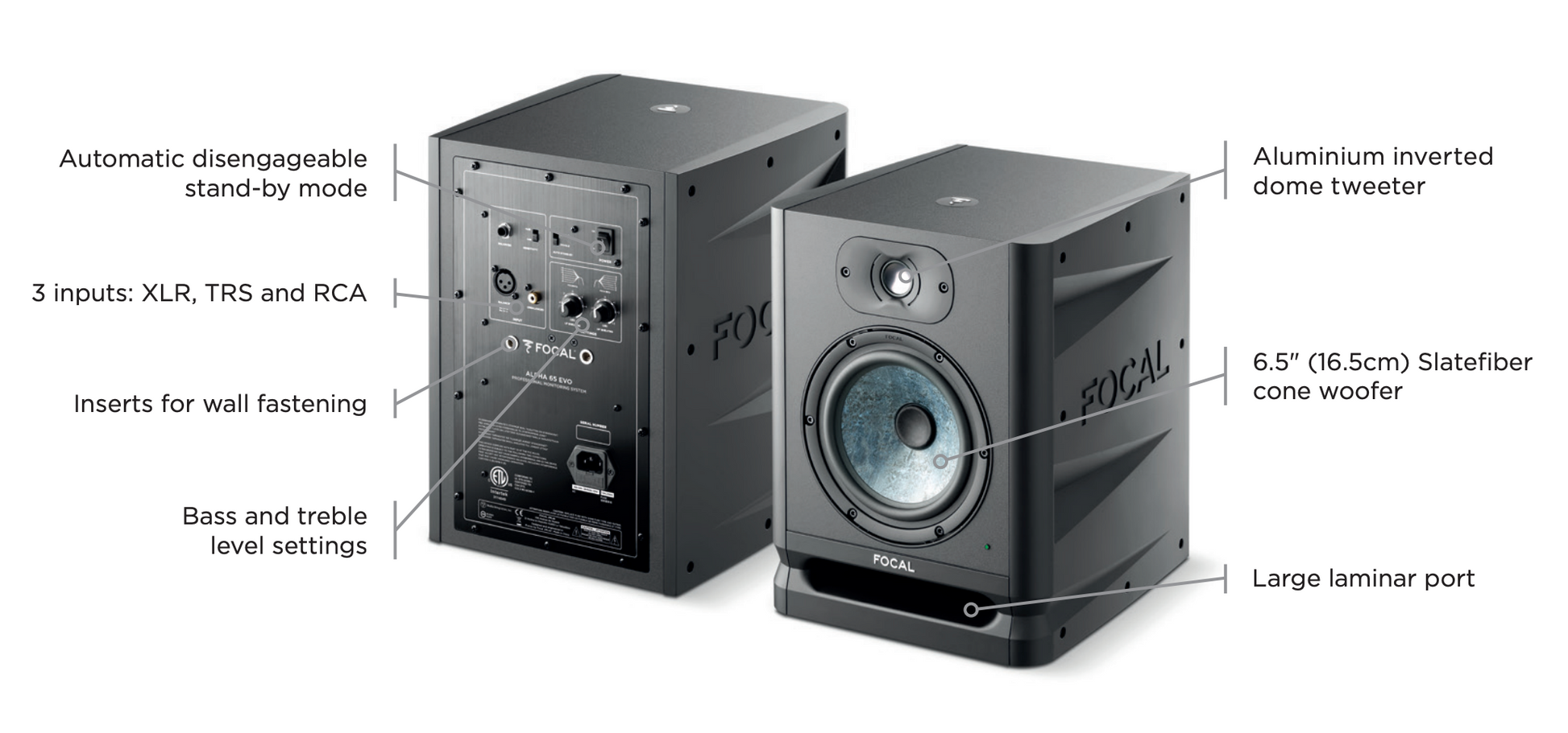 Focal Pro Studio monitors Focal EVO65 Active Studio Monitors (pair). Image shows product features