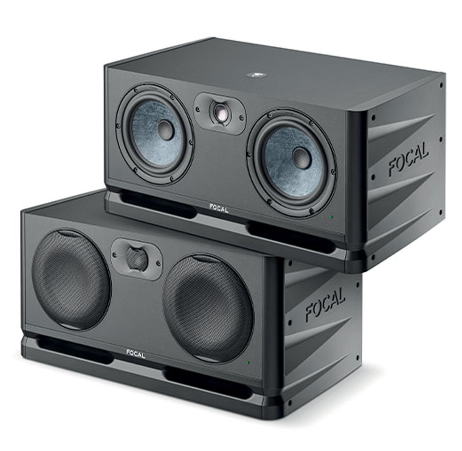 Focal Alpha Twin EVO 2.5-Channel Studio Monitor Pair, on angle, with and without mesh