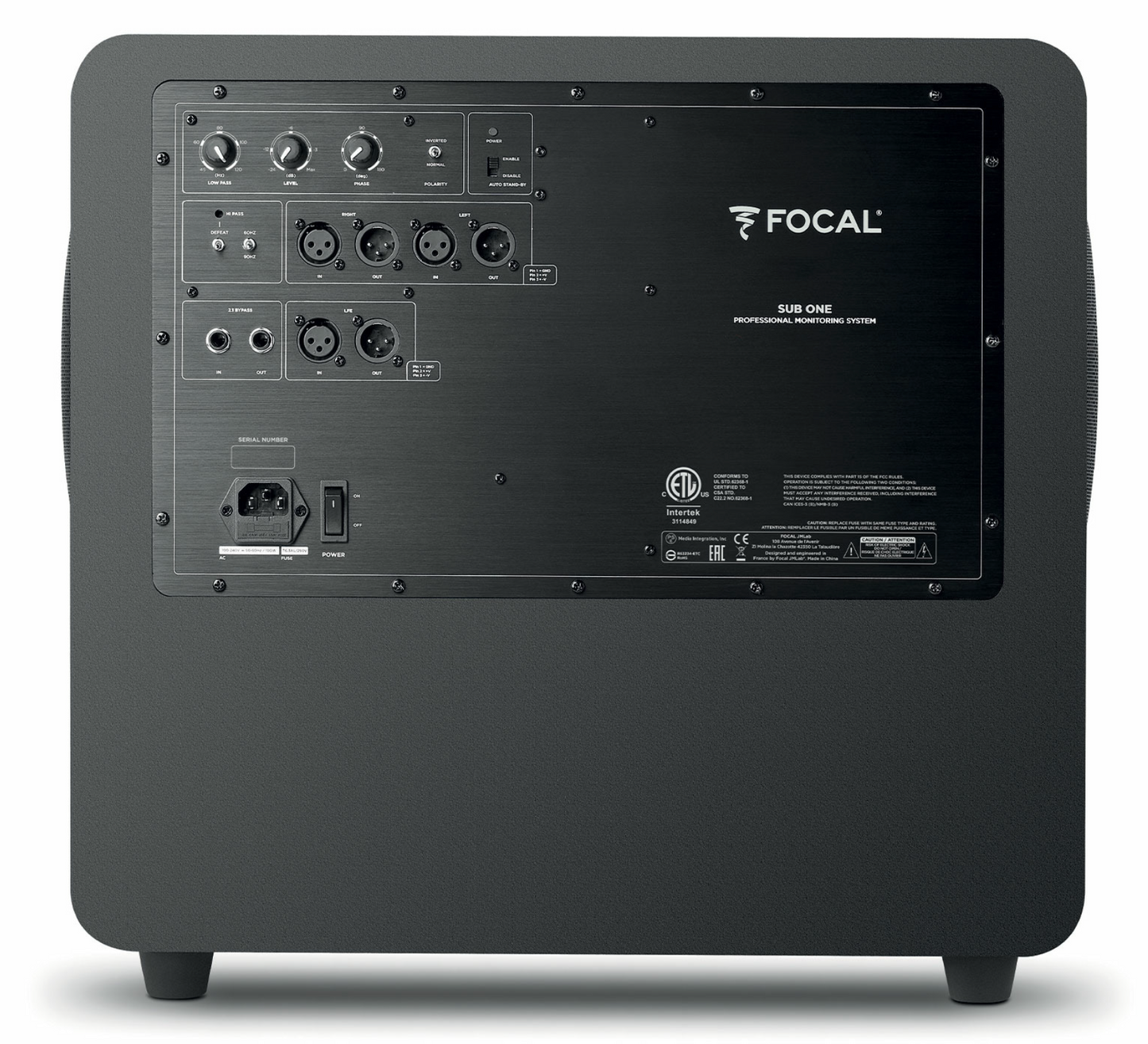 Focal Sub One Active Studio Subwoofer, side shows inputs