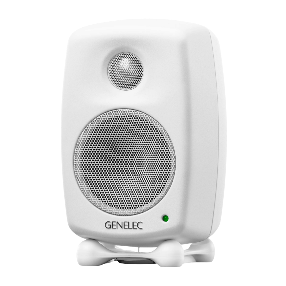 Genelec 8010A Active Studio Monitors.  Individual monitor shown in White, angled to the left