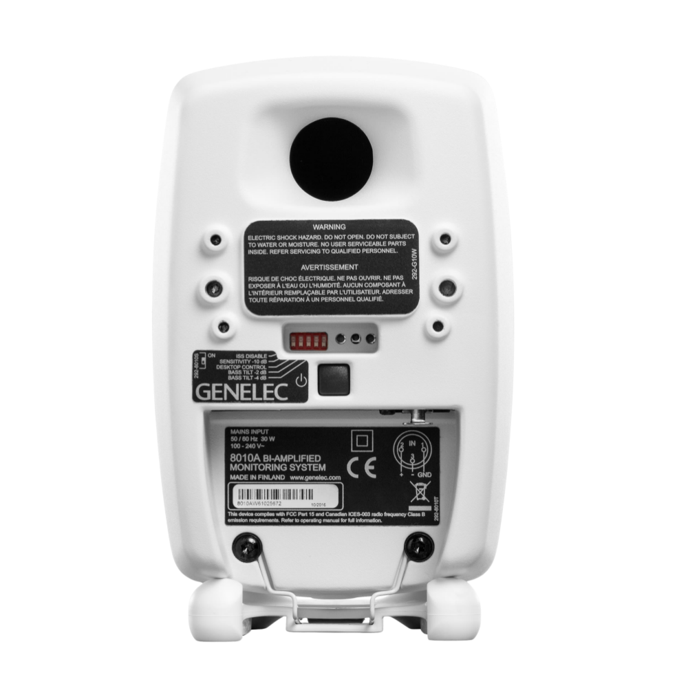 Genelec 8010A Active Studio Monitors.  Individual monitor shown in White, angled to the left