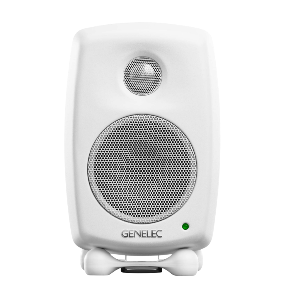 Genelec 8010A Active Studio Monitors.  Individual monitor shown in White, front on