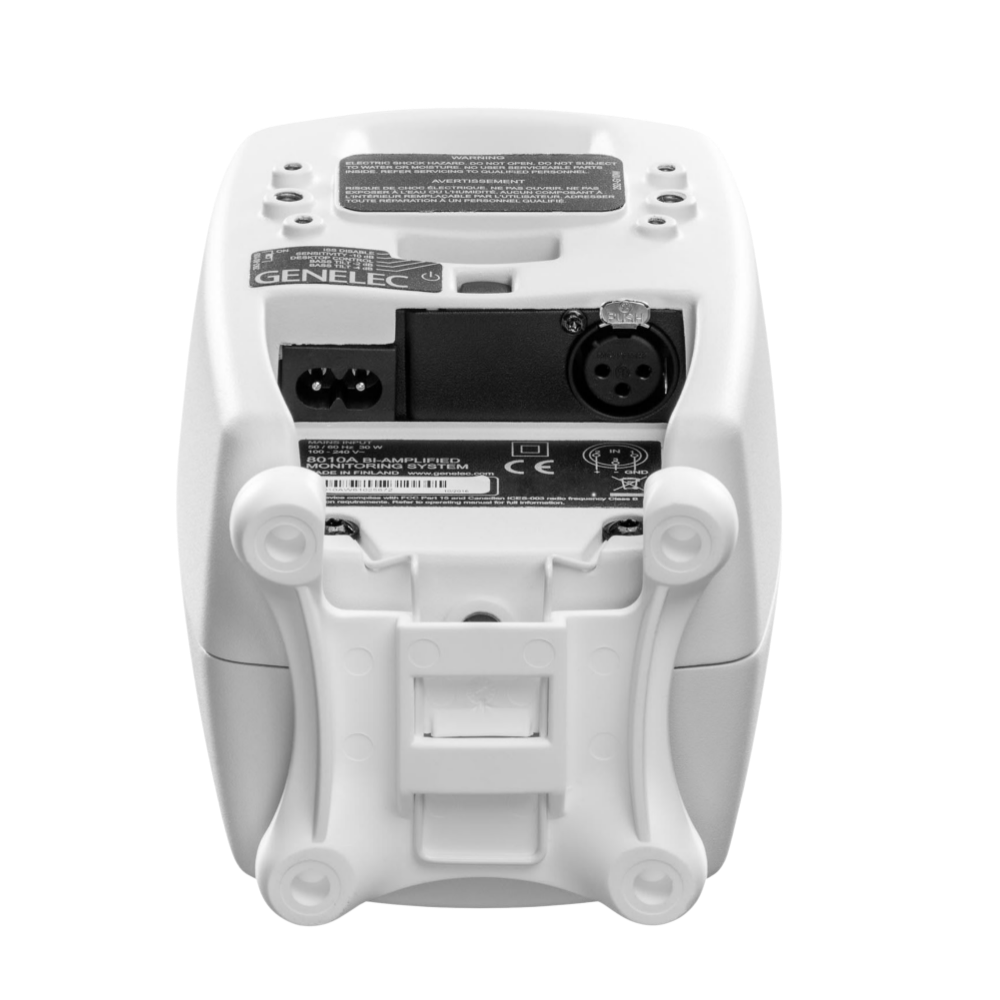 Genelec 8010A Active Studio Monitors.  Individual monitor shown in White, underside and back of unit shown