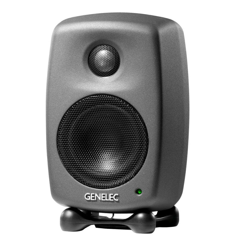 Genelec 8010A Active Studio Monitors.  Individual monitor shown in Dark Grey, angled to the left