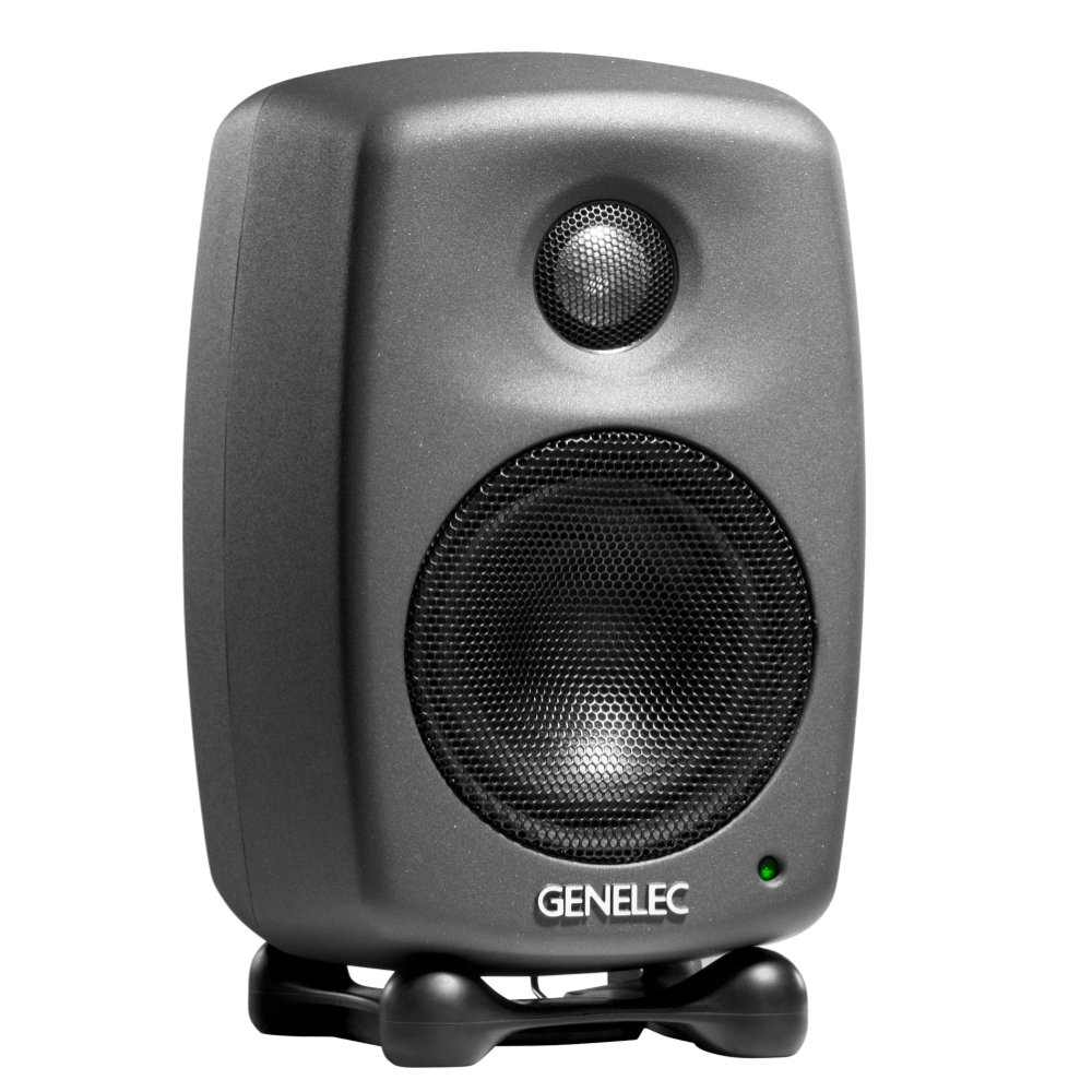 Genelec 8010A Active Studio Monitors.  Individual monitor shown in Dark Grey, angled to the right