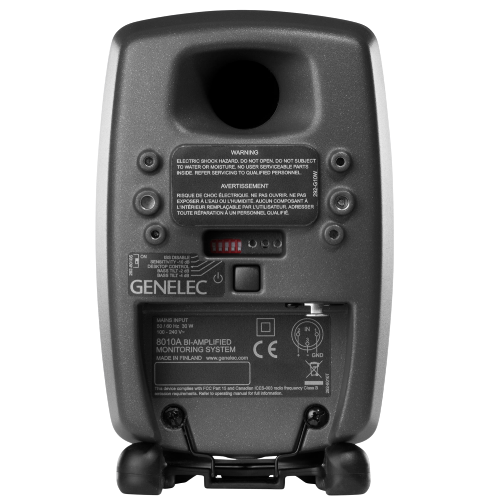 Genelec 8010A Active Studio Monitors.  Individual monitor shown in Dark Grey, back of unit