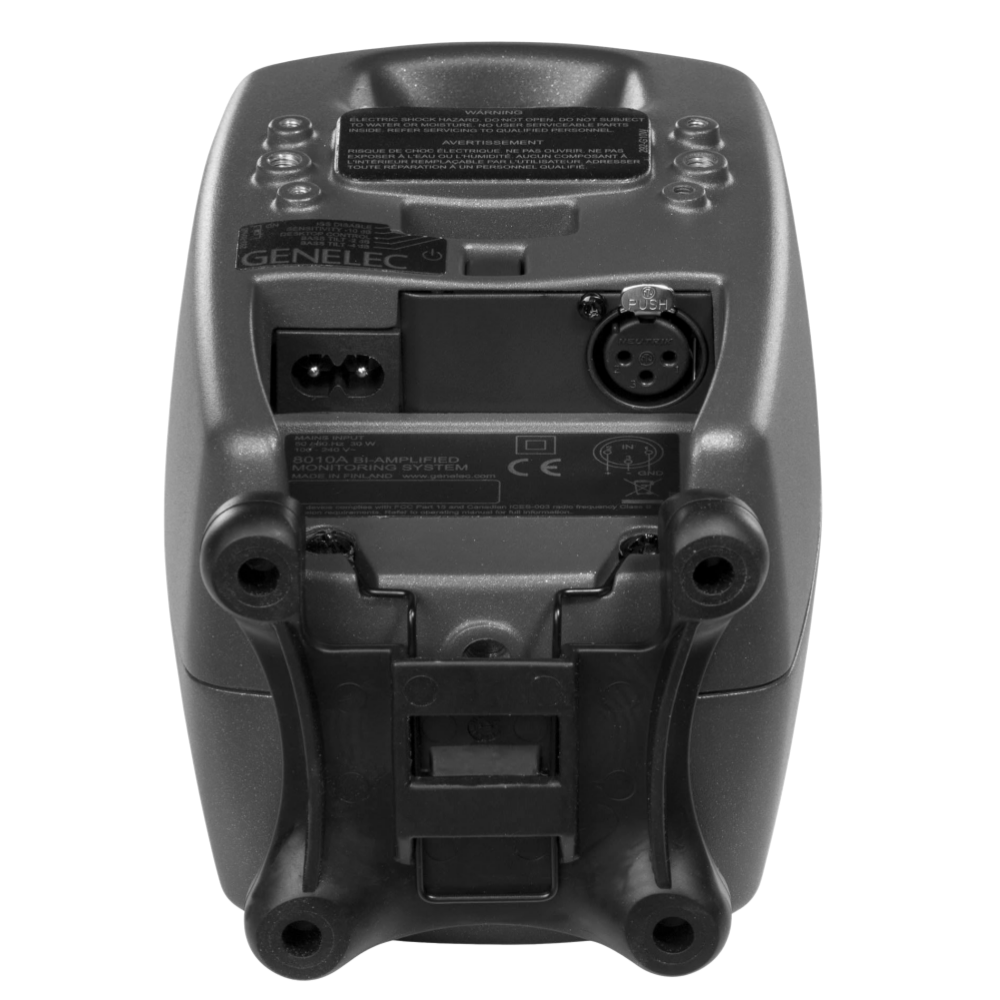 Genelec 8010A Active Studio Monitors.  Individual monitor shown in Dark Grey, underside and back of unit shown