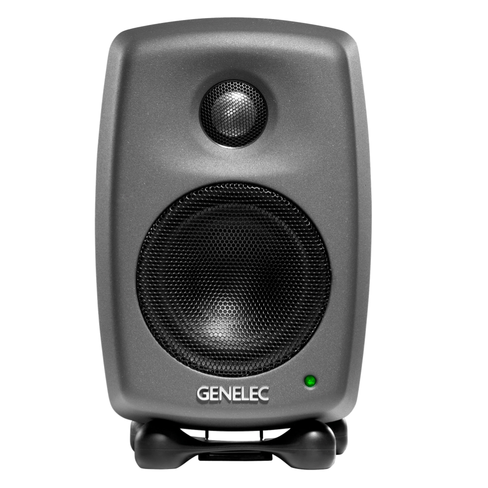 Genelec 8010A Active Studio Monitors.  Individual monitor shown in Dark Grey, front on