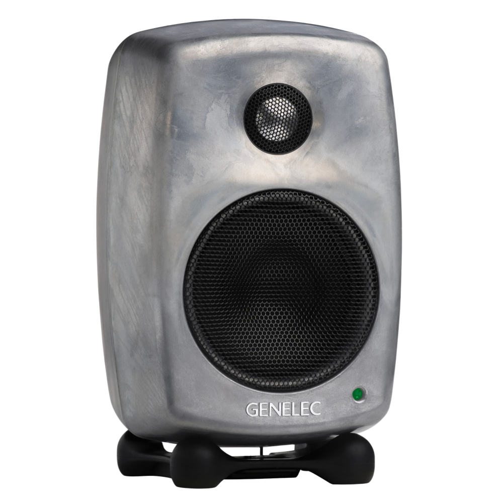 Genelec 8010A Active Studio Monitors.  Individual monitor shown in Raw, angled to the rght