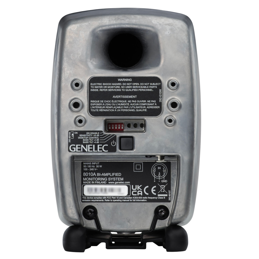Genelec 8010A Active Studio Monitors.  Individual monitor shown in Raw, angled to the left