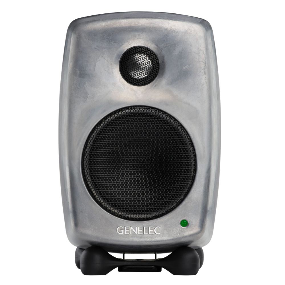 Genelec 8010A Active Studio Monitors.  Individual monitor shown in Raw, front on