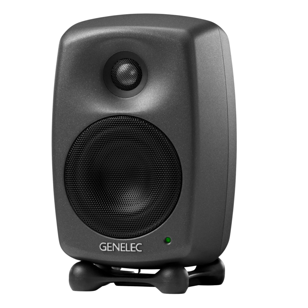 Genelec 8020D Two-Way  Active Studio Monitors.  Individual monitor shown in Dark Grey, angled to the left