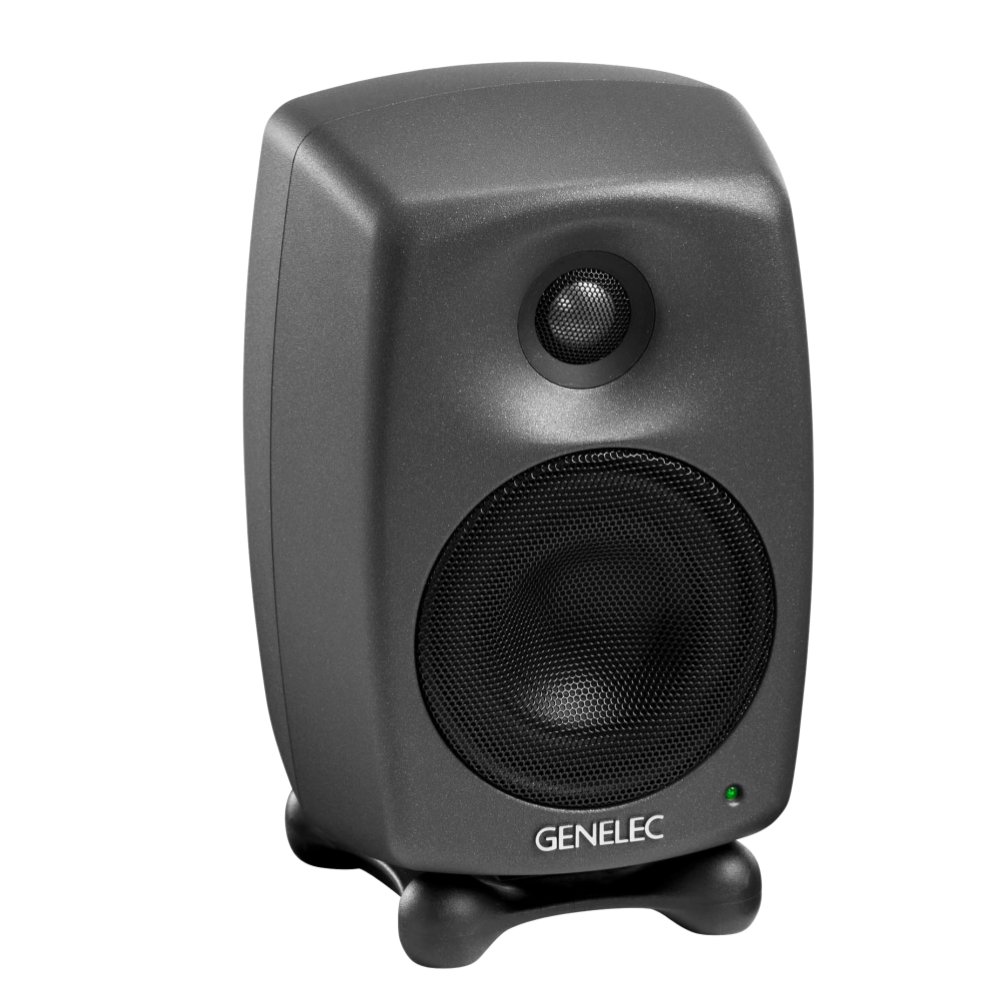 Genelec 8020D Two-Way  Active Studio Monitors.  Individual monitor shown in Dark Grey, angled to the right
