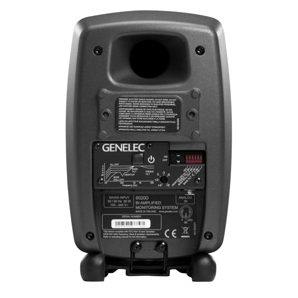 Genelec 8020D Two-Way Active Studio Monitors.  Individual monitor shown in Dark Grey, back of unit