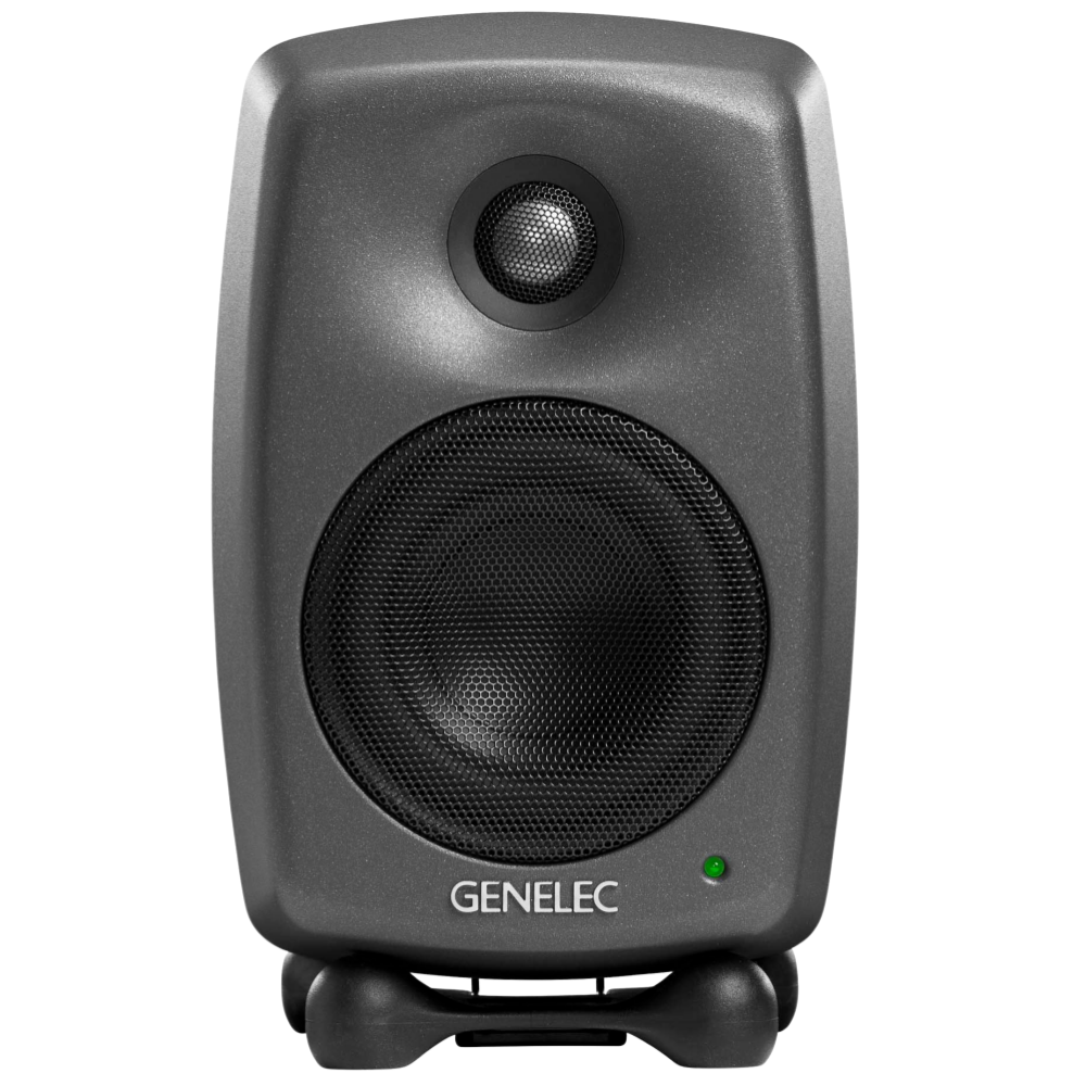 Genelec 8020D Two-Way  Active Studio Monitors.  Individual monitor shown in Dark Grey, front on