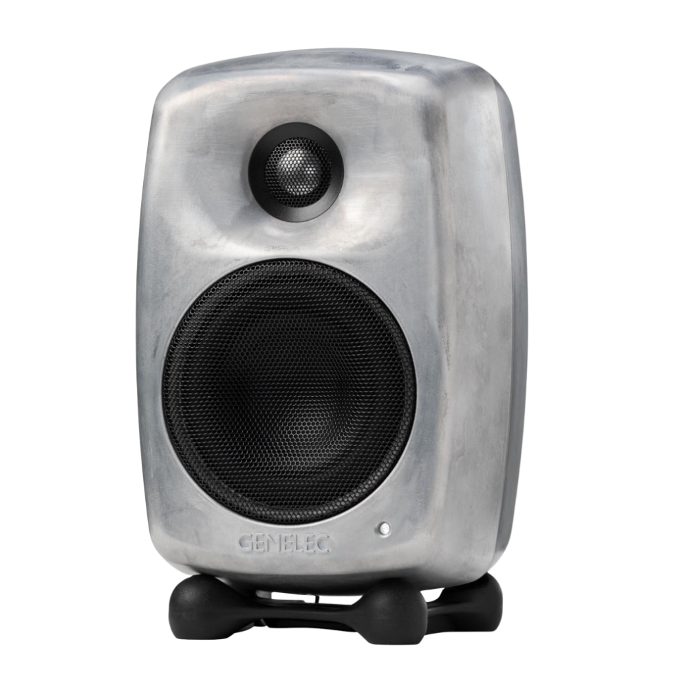 Genelec 8020D Two-Way  Active Studio Monitors.  Individual monitor shown in Raw, angled to the left