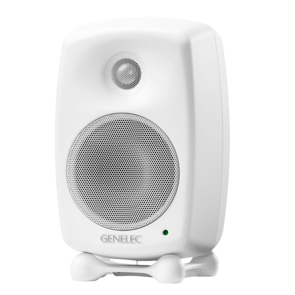 Genelec 8020D Two-Way  Active Studio Monitors.  Individual monitor shown in White, angled to the left