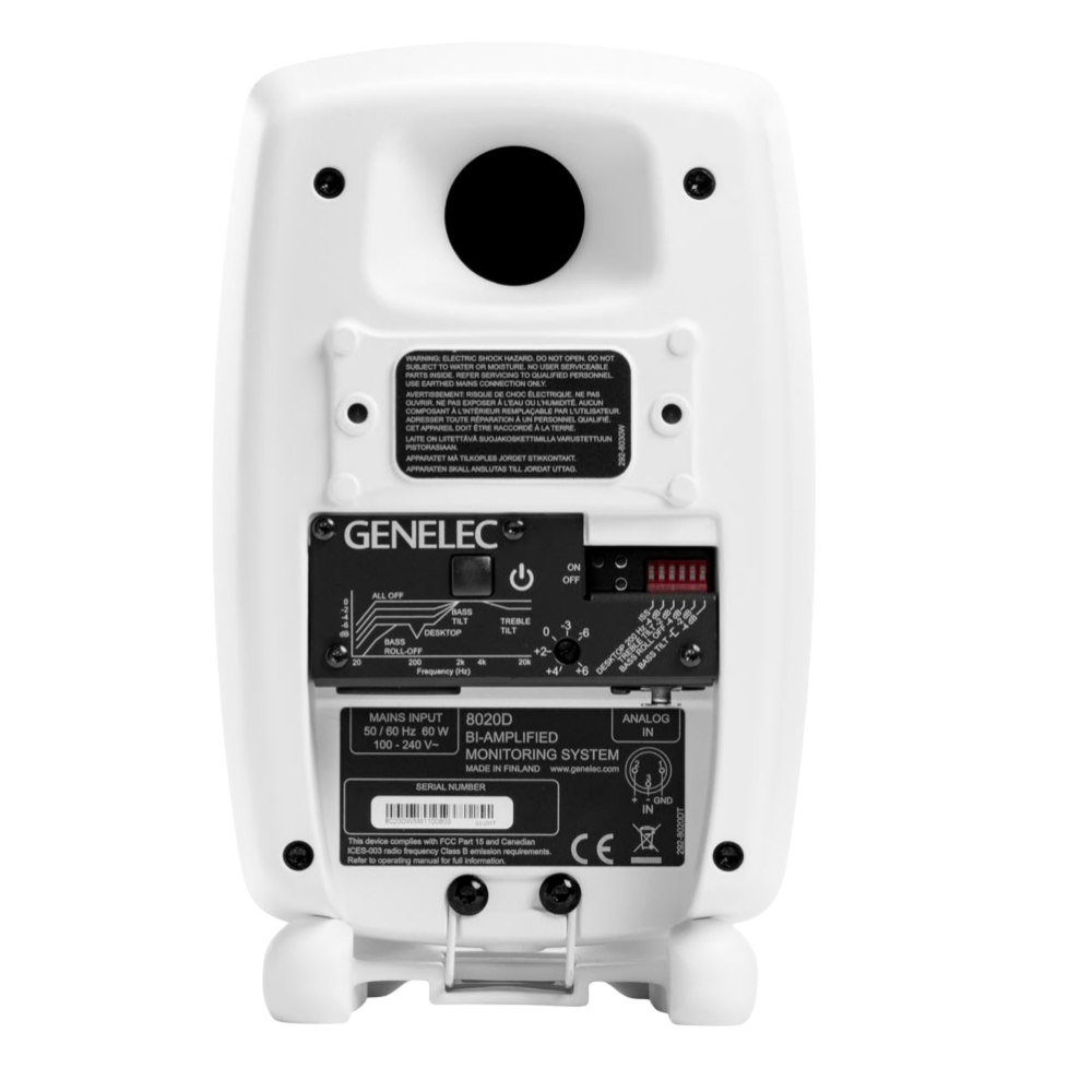 Genelec 8020D Two-Way Active Studio Monitors.  Individual monitor shown in White, back of unit