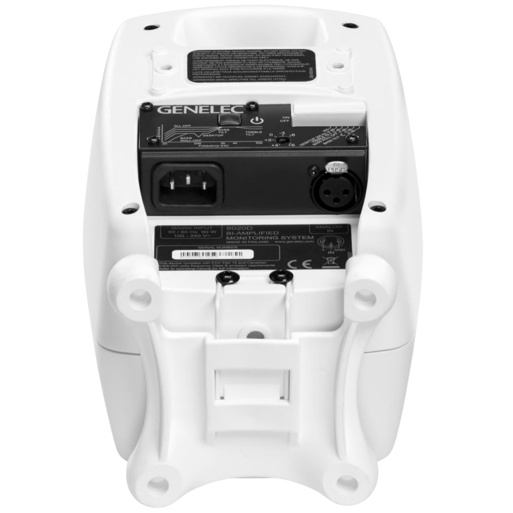 Genelec 8020D Two-Way Active Studio Monitors.  Individual monitor shown in White, back and underside of unit shown