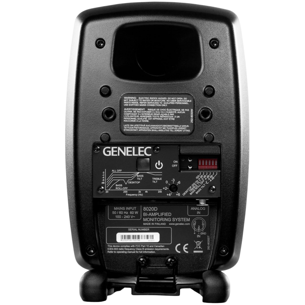Genelec 8020D Two-Way  Active Studio Monitors.  Individual monitor shown in Special Order Black, rear of unit