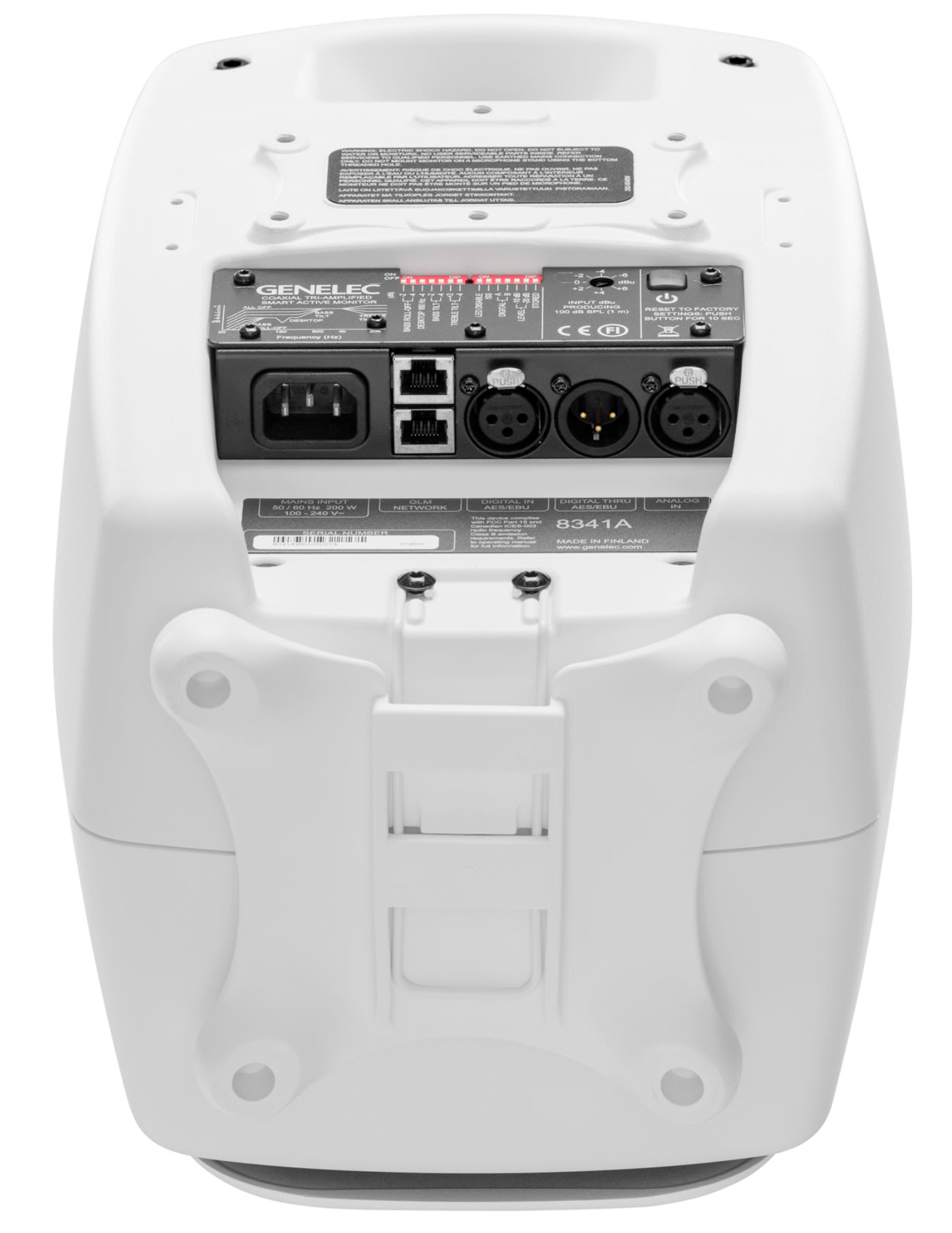 Genelec 8341A SAM Active Studio Monitors in white. Back and bottom image