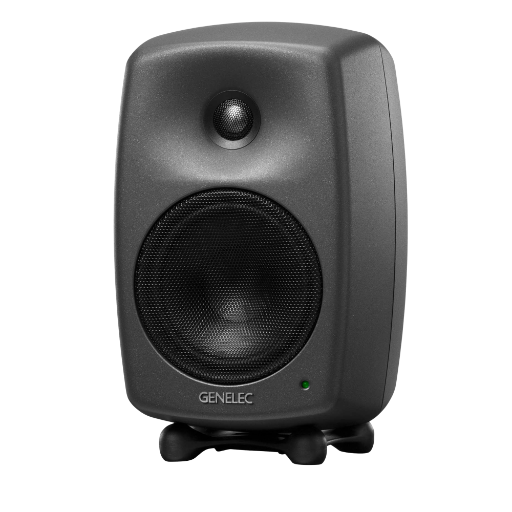 Genelec 8030C Two-Way  Active Studio Monitors.  Individual monitor shown in Dark Grey, angled to the left.