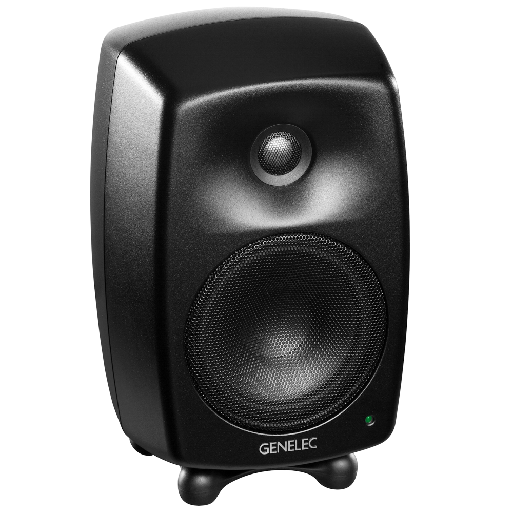 Genelec 8030C Two-Way  Active Studio Monitors.  Individual monitor shown in Black, angled to the right.