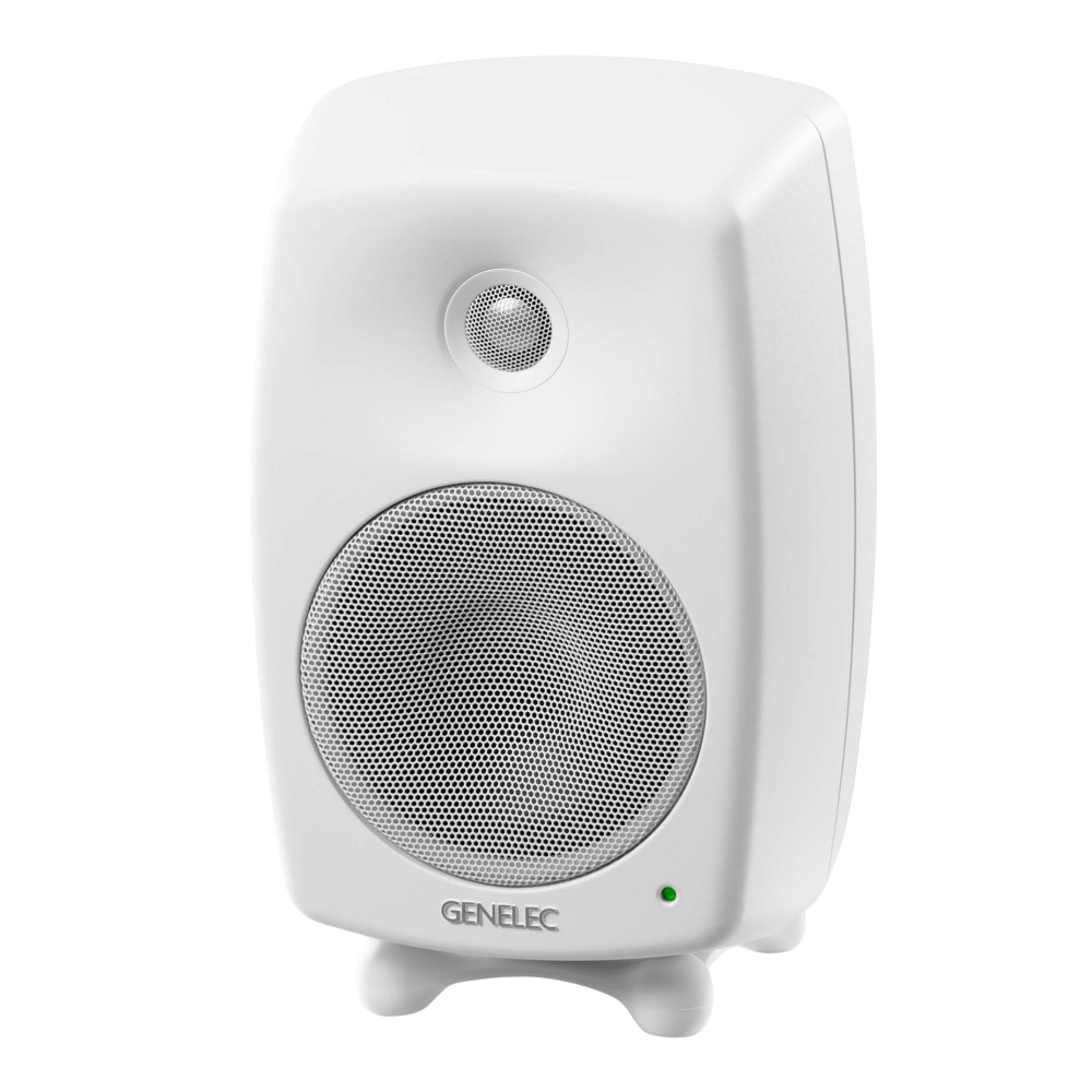 Genelec 8030C Two-Way  Active Studio Monitors.  Individual monitor shown in White, angled to the left.