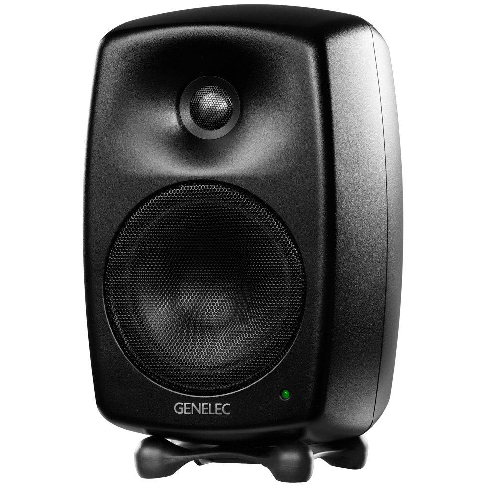 Genelec 8030C Two-Way  Active Studio Monitors.  Individual monitor shown in Black, angled to the left.