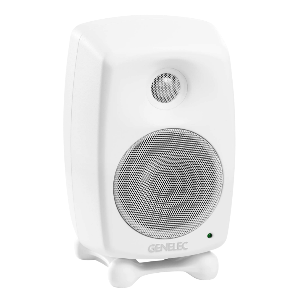 Genelec 8030C Two-Way  Active Studio Monitors.  Individual monitor shown in White, angled to the right.