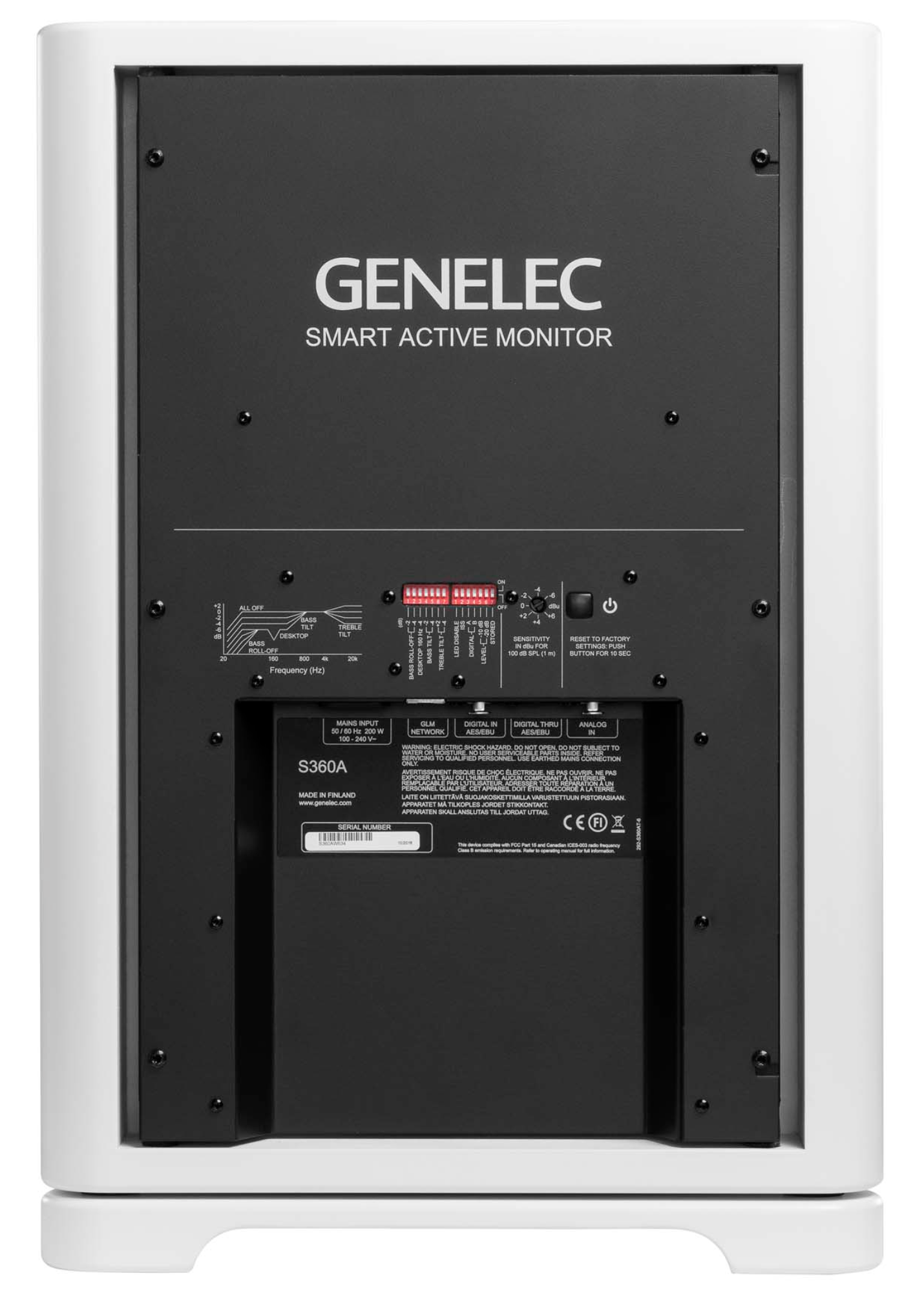 Genelec S360 SAM Active Studio Monitors in white. Back image