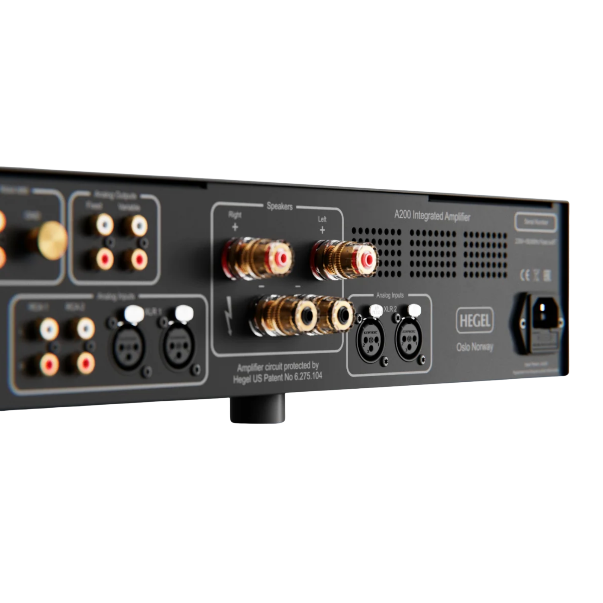 Hegel A200 Integrated Amplifier, angled rear closeup
