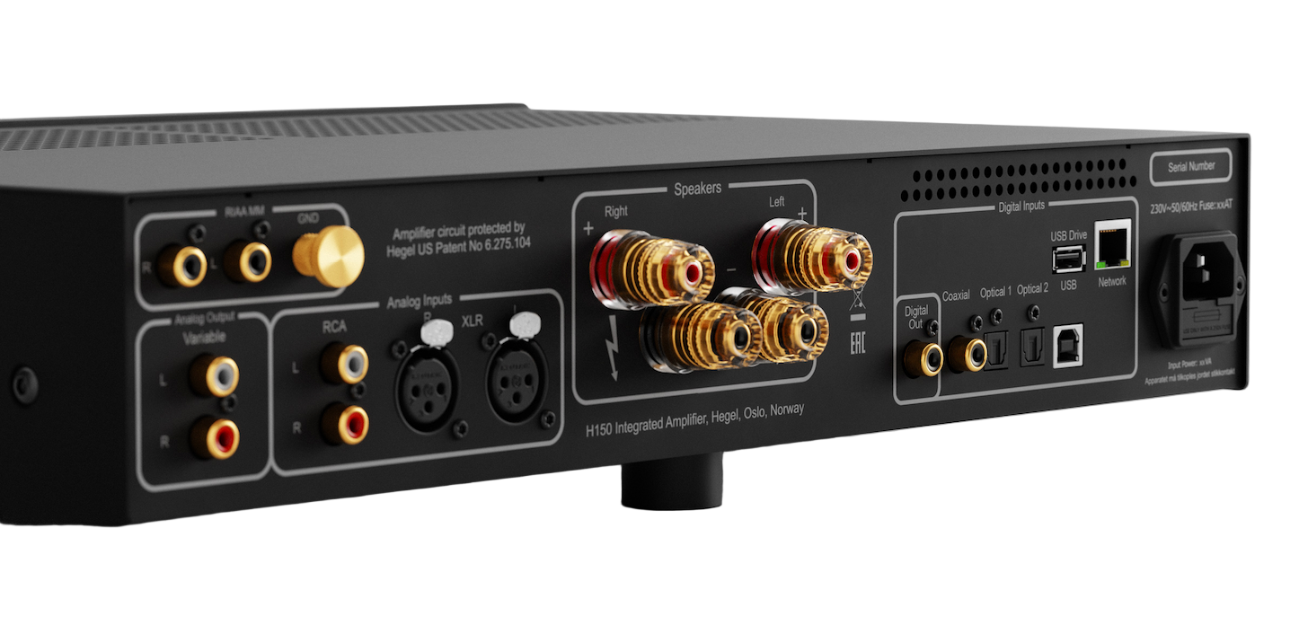 Hegel H150 Streaming Amplifier in Black, close up of back of unit