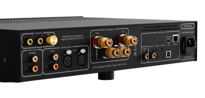 Hegel H150 Streaming Amplifier in Black, close up of back of unit