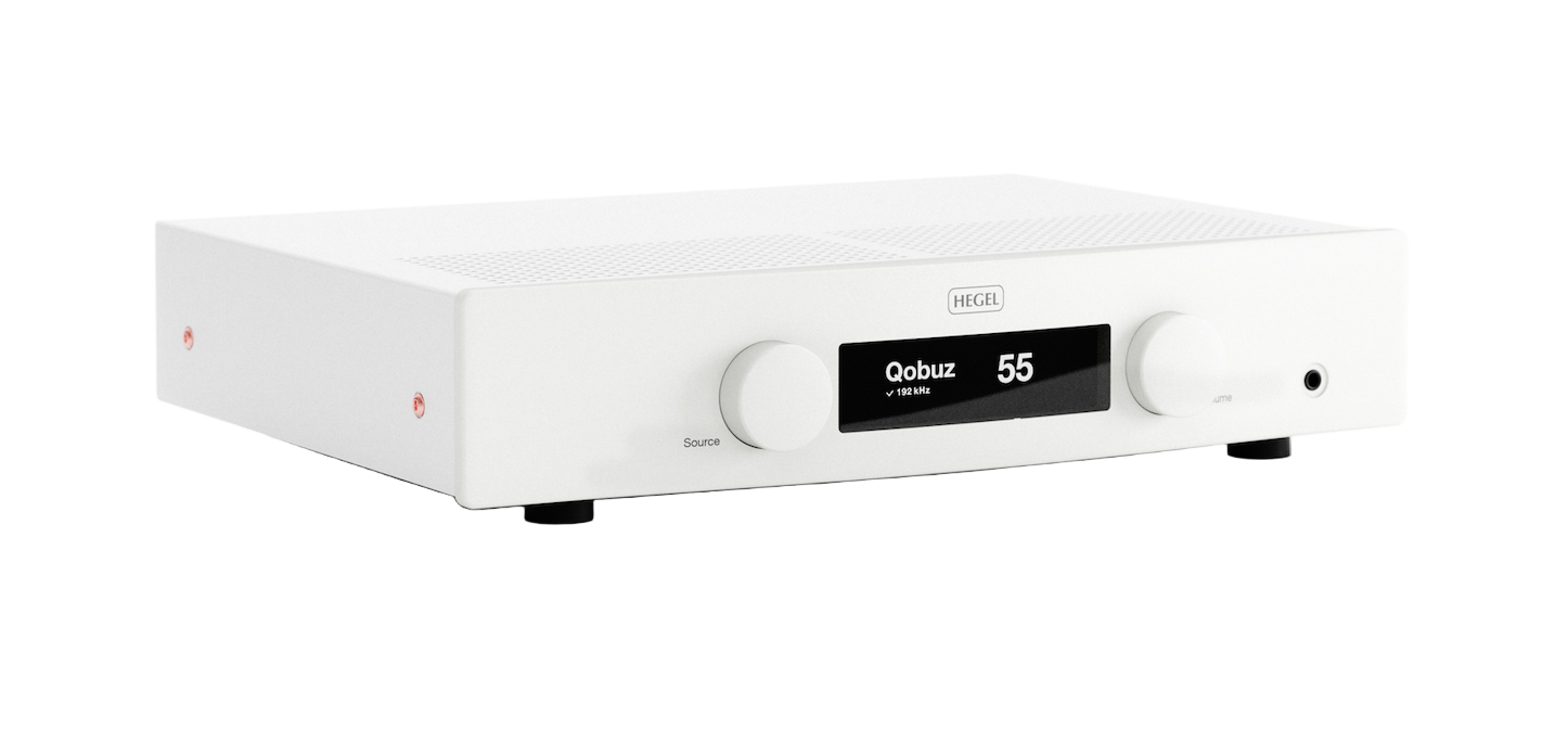 Hegel H150 Streaming Amplifier in White, angled view