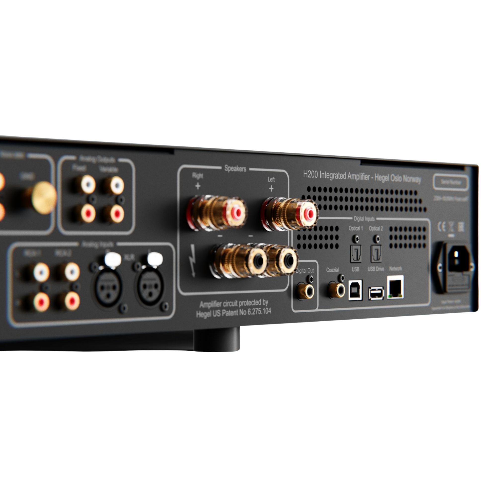 Hegel H200 Integrated Streaming Amplifier, back of unit, angled view