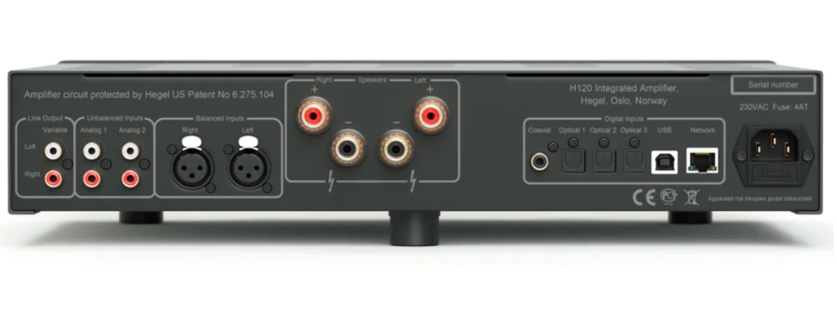 Hegel H120 Integrated Amplifier in Black.  Back of unit